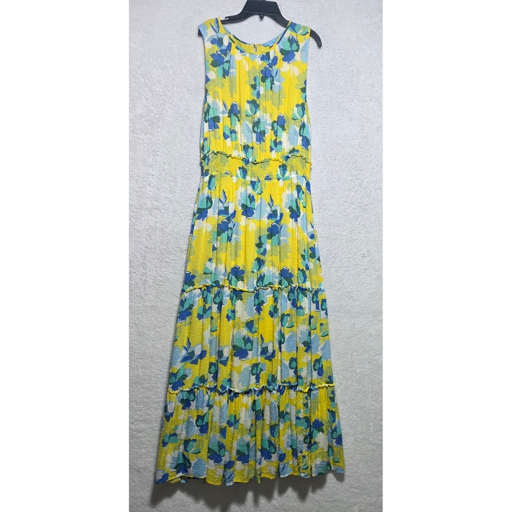 Draper James RSVP Yellow Floral Swiss Dot Smocked Maxi Dress XL Sleeveless Boho